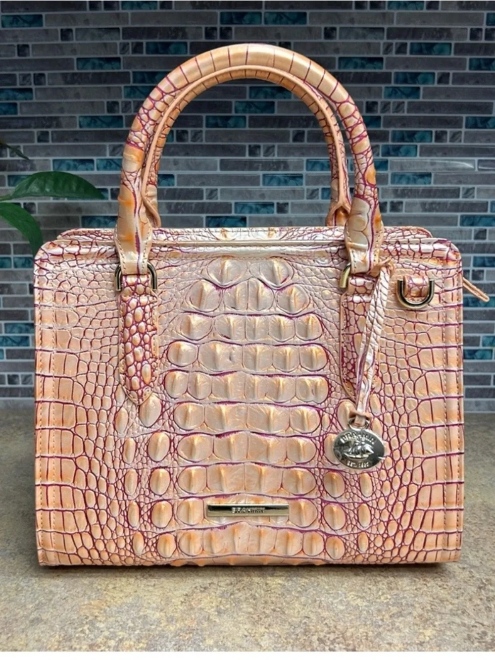 Brahmin Iridescent Peach-Pink Croc-Embossed Satchel and wallet with Gold Accent